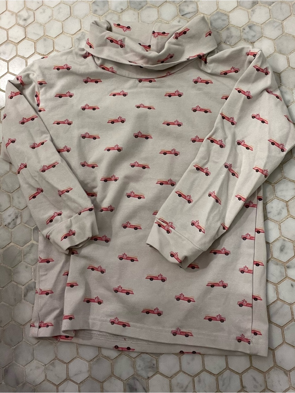Kids Beige Long Sleeve Turtleneck Top with Pink Car Print